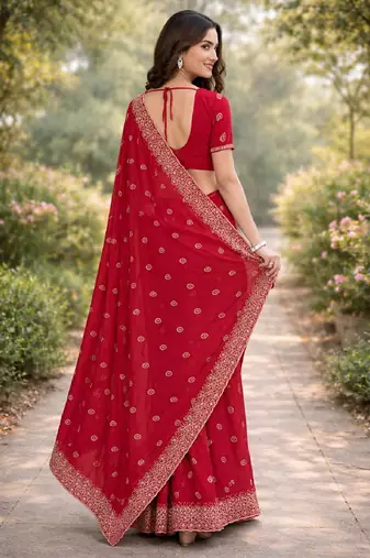 Pink georgette embroidery saree with unstitched blouse piece