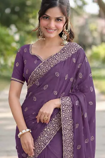 Lavender georgette embroidery saree with unstitched blouse piece