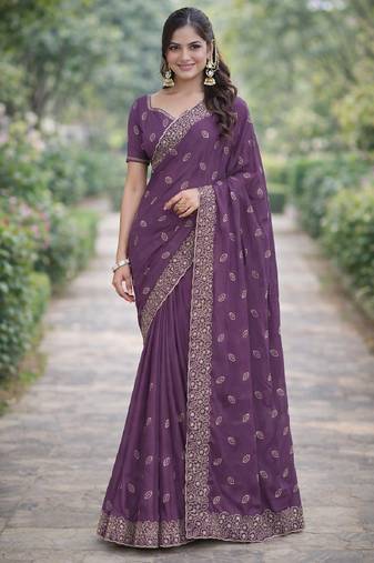 Lavender soft georgette embroidery work designer party wear saree with unstitched blouse piece