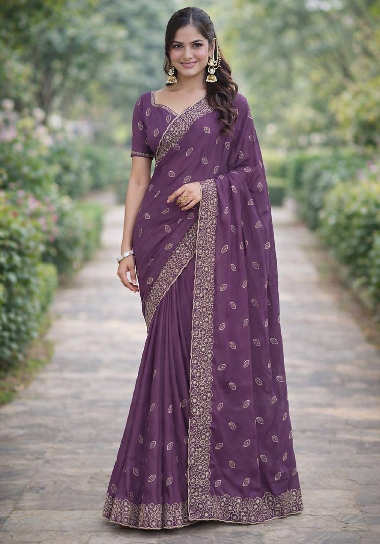 Lavender soft georgette embroidery work designer party wear saree with unstitched blouse piece