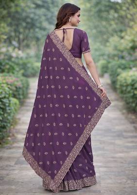 Lavender georgette embroidery saree with unstitched blouse piece 4