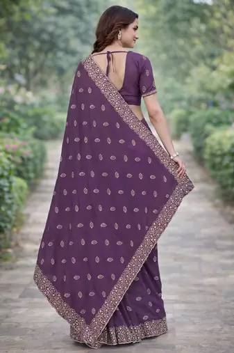 Lavender georgette embroidery saree with unstitched blouse piece