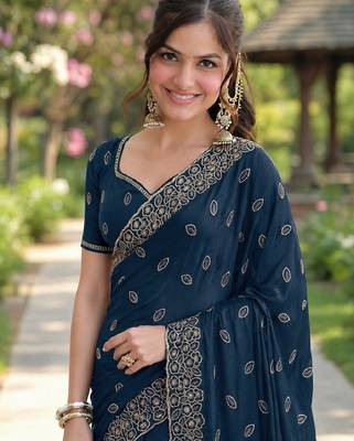 Rama georgette embroidery saree with unstitched blouse piece 2
