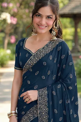 Rama georgette embroidery saree with unstitched blouse piece