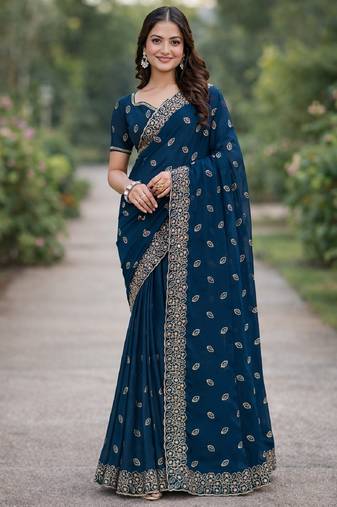 Rama soft georgette embroidery work designer party wear saree with unstitched blouse piece