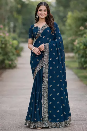 Rama georgette embroidery saree with unstitched blouse piece