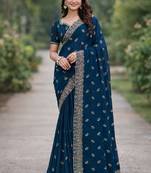Rama georgette embroidery saree with unstitched blouse piece