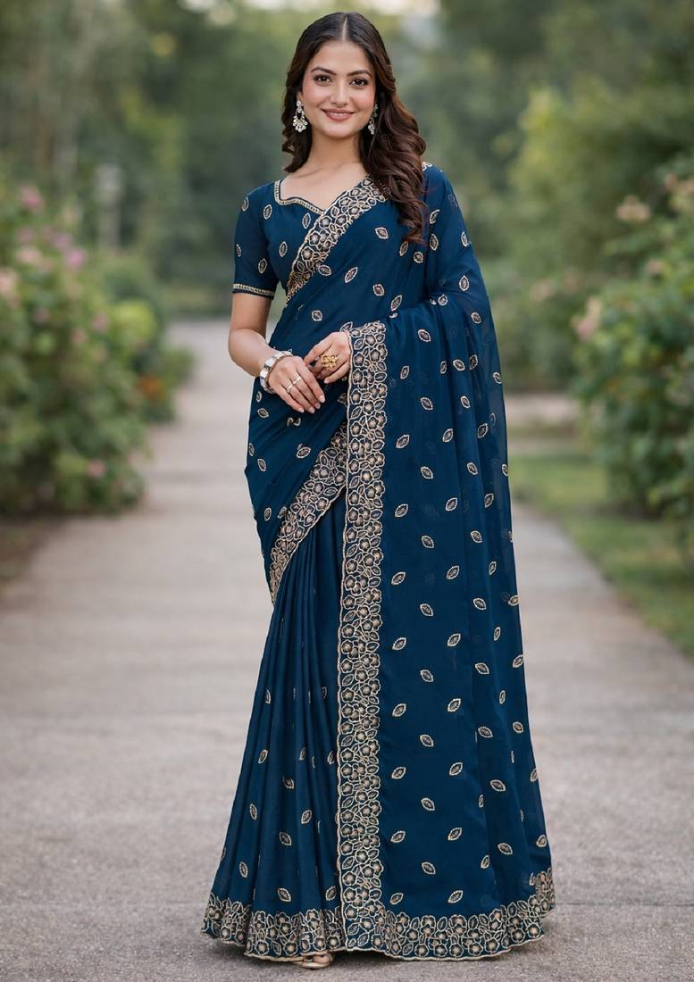Rama soft georgette embroidery work designer party wear saree with unstitched blouse piece