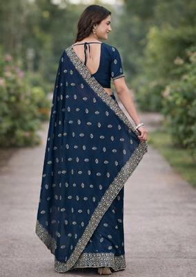 Rama georgette embroidery saree with unstitched blouse piece 4