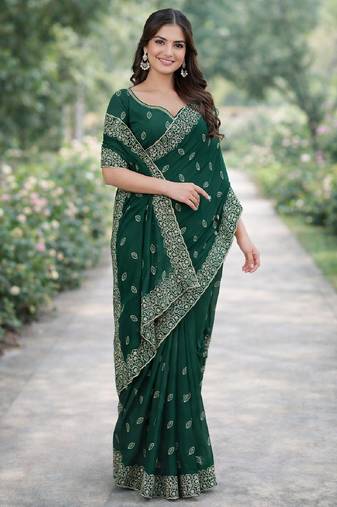 Green soft georgette embroidery work designer party wear saree with unstitched blouse piece