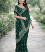 Green georgette embroidery saree with unstitched blouse piece