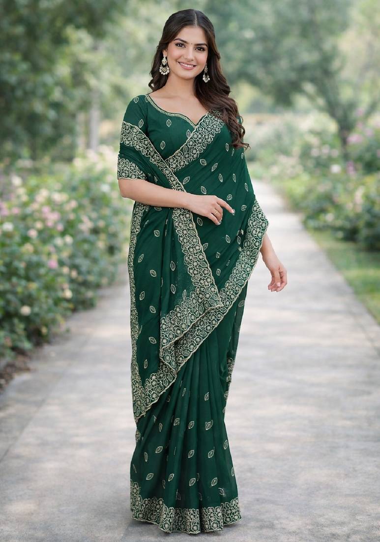 Green soft georgette embroidery work designer party wear saree with unstitched blouse piece