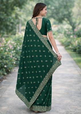 Green georgette embroidery saree with unstitched blouse piece 4