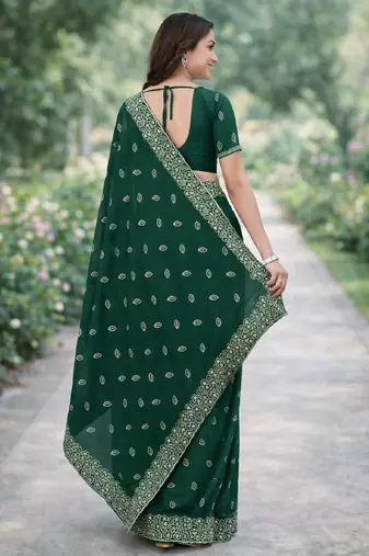 Green georgette embroidery saree with unstitched blouse piece