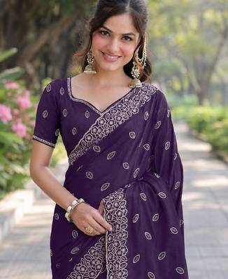 Purple georgette embroidery saree with unstitched blouse piece 2
