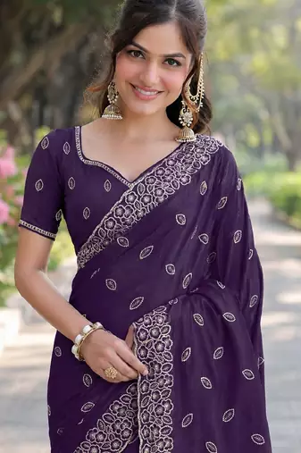 Purple georgette embroidery saree with unstitched blouse piece