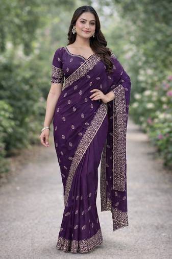 Purple soft georgette embroidery work designer party wear saree with unstitched blouse piece