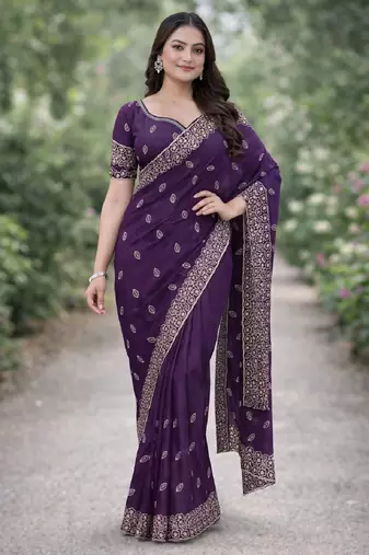 Purple georgette embroidery saree with unstitched blouse piece