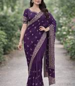 Purple georgette embroidery saree with unstitched blouse piece