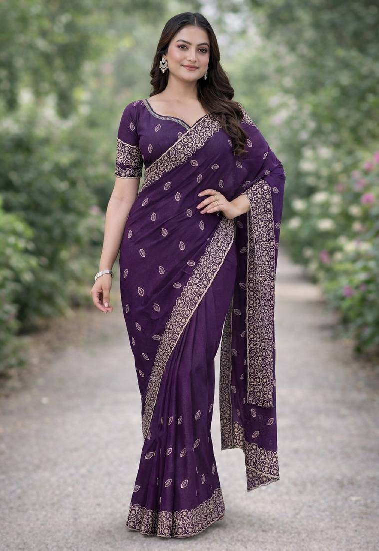 Purple soft georgette embroidery work designer party wear saree with unstitched blouse piece