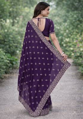 Purple georgette embroidery saree with unstitched blouse piece 4