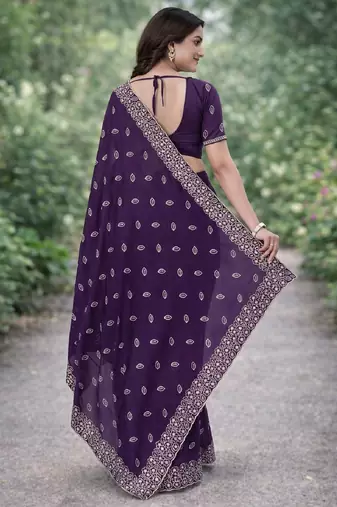 Purple georgette embroidery saree with unstitched blouse piece