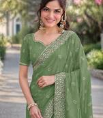 Pista georgette embroidery saree with unstitched blouse piece