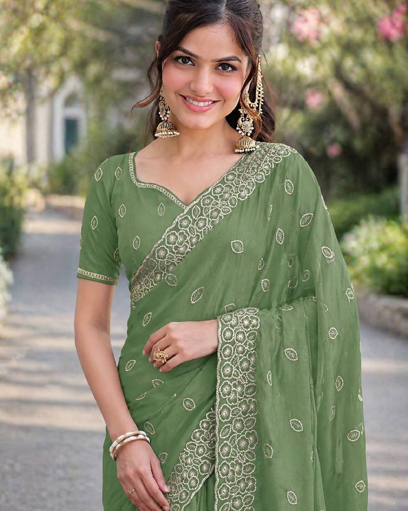 Pista soft georgette embroidery work designer party wear saree with unstitched blouse piece