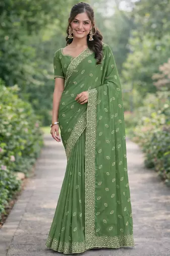 Pista georgette embroidery saree with unstitched blouse piece