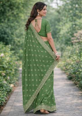 Pista georgette embroidery saree with unstitched blouse piece 4