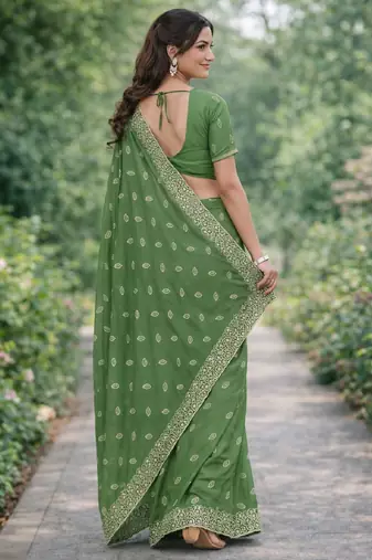 Pista georgette embroidery saree with unstitched blouse piece