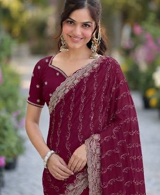 Wine georgette embroidery saree with unstitched blouse piece 2