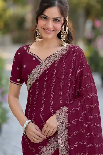 Wine georgette embroidery saree with unstitched blouse piece