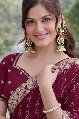 Wine soft georgette embroidery work designer party wear saree with unstitched blouse piece