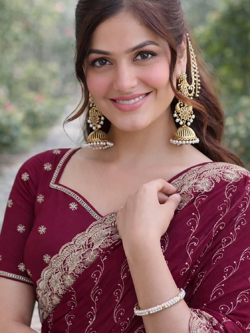 Wine soft georgette embroidery work designer party wear saree with unstitched blouse piece