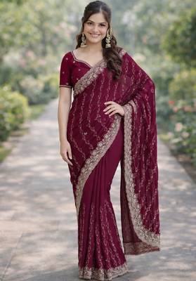 Wine georgette embroidery saree with unstitched blouse piece 3