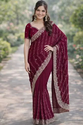 Wine georgette embroidery saree with unstitched blouse piece