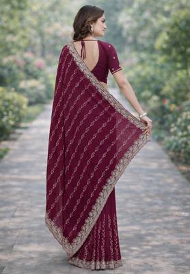Wine georgette embroidery saree with unstitched blouse piece 4