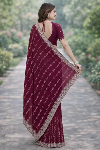 Wine georgette embroidery saree with unstitched blouse piece