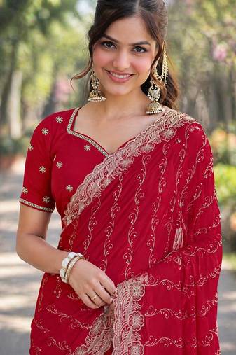 Pink soft georgette embroidery work designer party wear saree with unstitched blouse piece