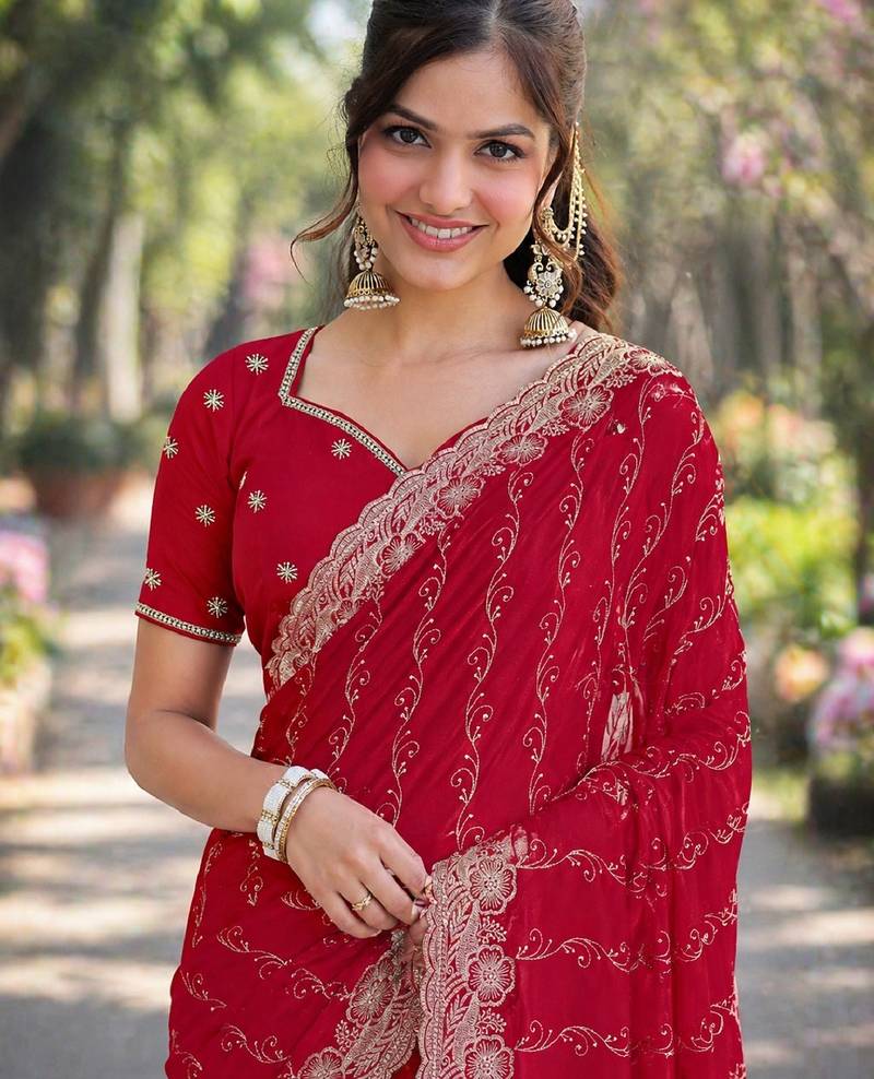 Pink soft georgette embroidery work designer party wear saree with unstitched blouse piece