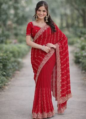 Pink georgette embroidery saree with unstitched blouse piece 3