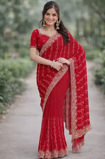 Pink georgette embroidery saree with unstitched blouse piece
