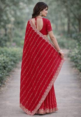 Pink georgette embroidery saree with unstitched blouse piece 4