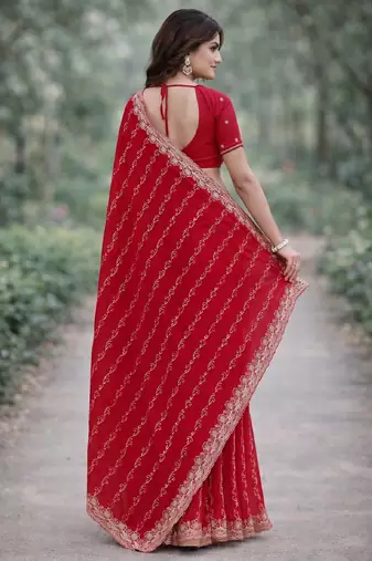 Pink georgette embroidery saree with unstitched blouse piece