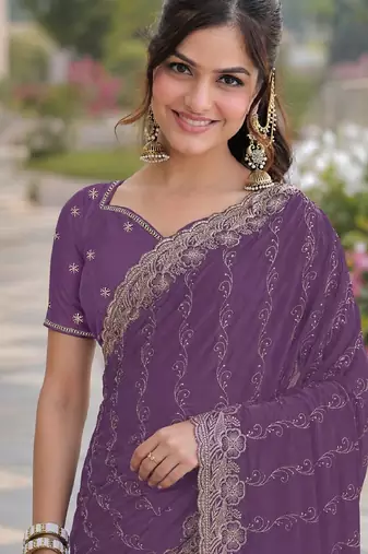 Lavender georgette embroidery saree with unstitched blouse piece