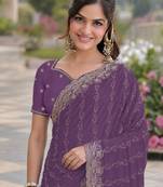 Lavender georgette embroidery saree with unstitched blouse piece