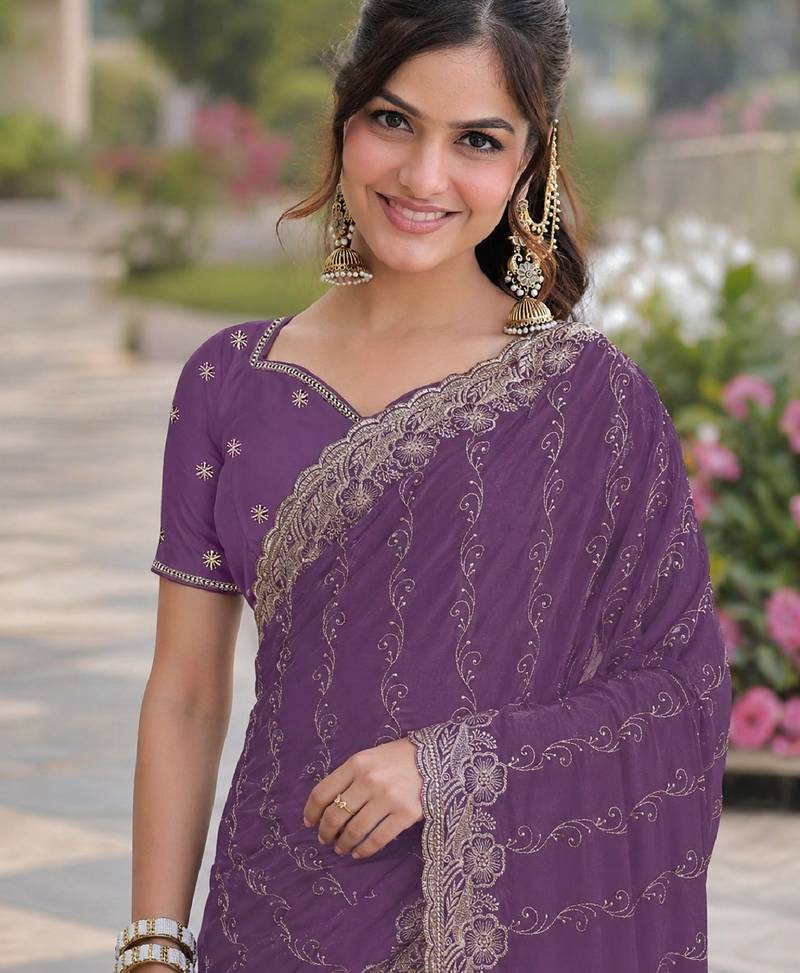 Lavender soft georgette embroidery work designer party wear saree with unstitched blouse piece