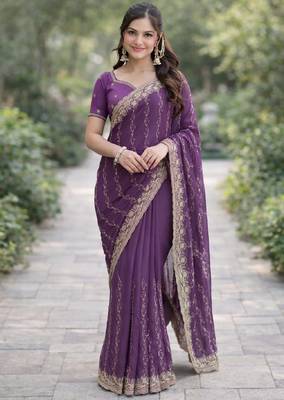Lavender georgette embroidery saree with unstitched blouse piece 3