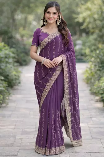 Lavender georgette embroidery saree with unstitched blouse piece